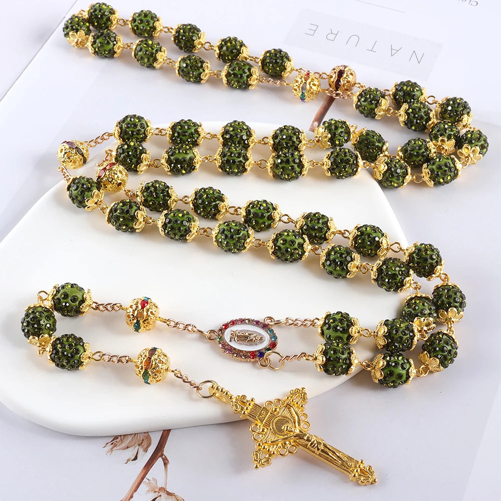 2025New Vintage Catholic 10mm 59 Crystal Rhinestone Beads Cross Necklace