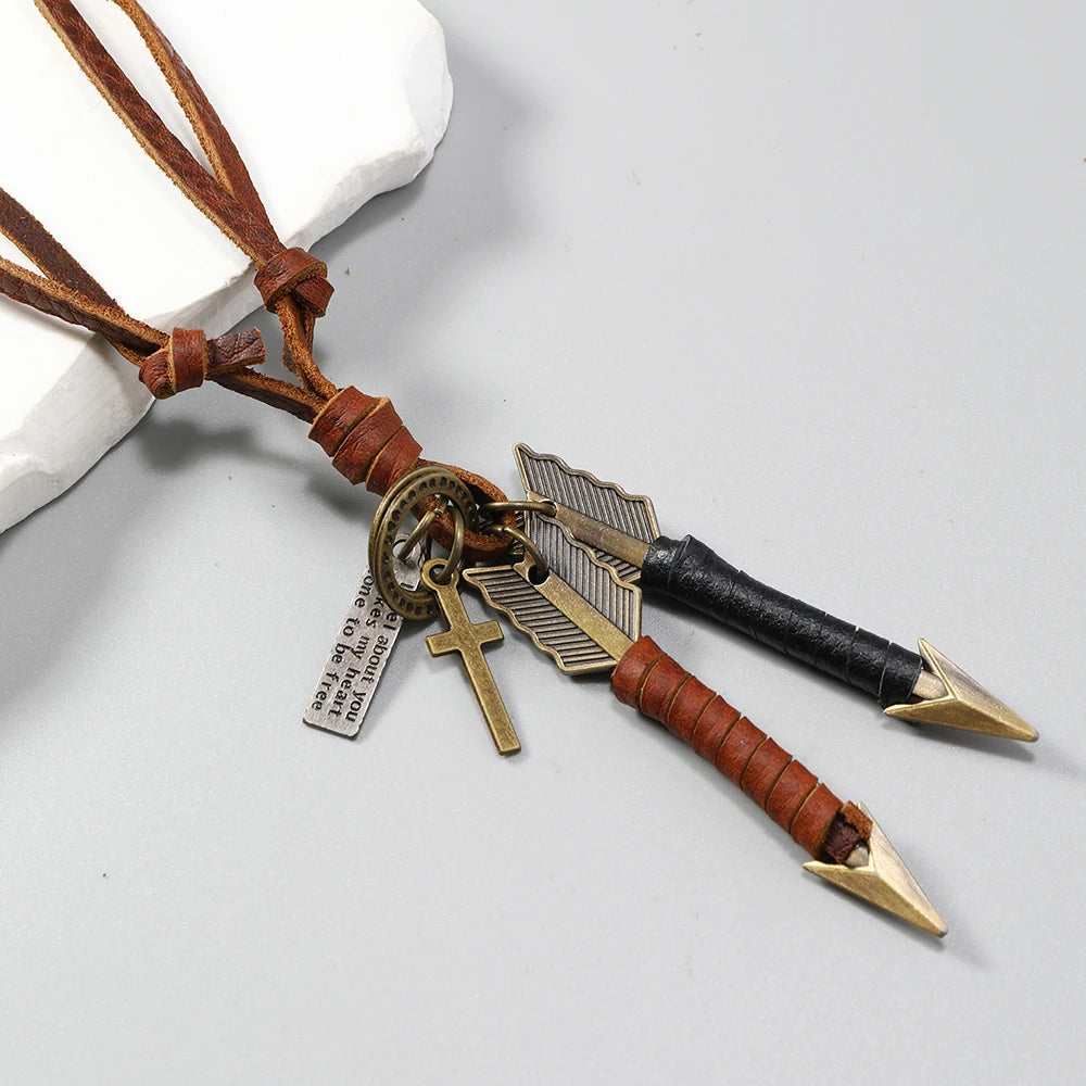 1 piece Handmade leather wrapped double arrow pendant necklace
