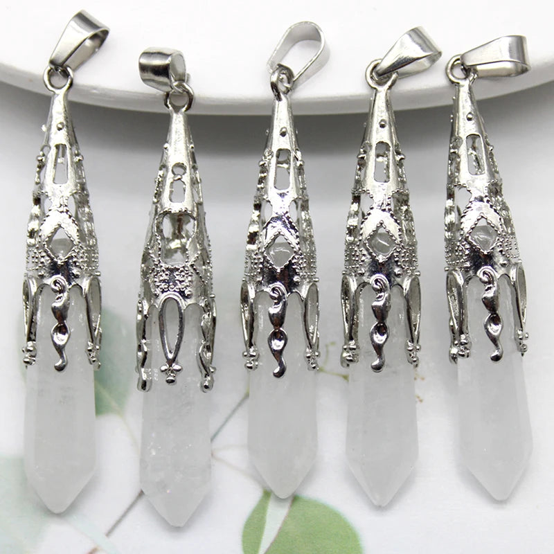 16pcs Crystal Pendulum for Divination Dowsing Natural Gem Stone Amethyst Hexagon Pendant For DIY Jewelry Making Necklace Pendant