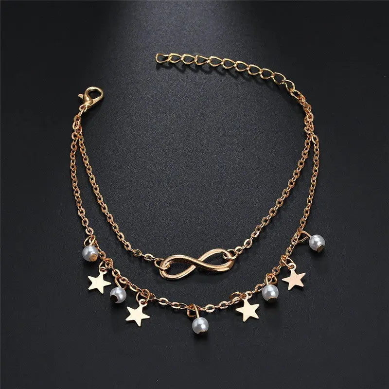 Vintage Boho Multi Layer Beads Anklets For Women Fashion Sun Pendent Anklet Handmade Chain Foot Party Jewelry Leg Bracelet