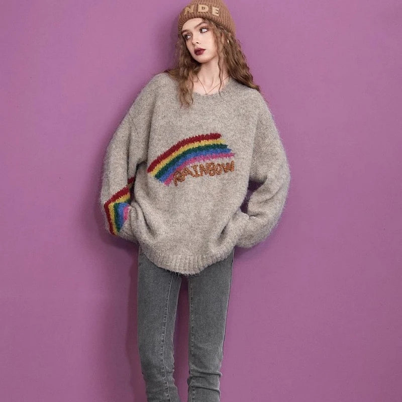 2024 New In Autumn Winter Christmas Rainbow Khaki Pullover Sweater For Women Knitwear Long Sleeves Warm Loose Top Clothes