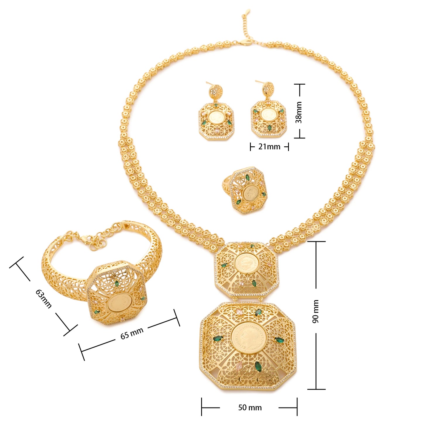 Women's Jewelry Set Dubai Nigerian Kuwaiti Bridal 24k Gold Plated Spinel Zirconia Human Head Ancient Coin Earrings Necklace Rin