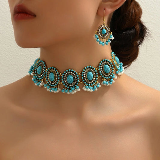 Vintage 2 piece Jewelry Set Inlaid Turquoise Stone Match Daily Wear Party Accessories Women's Necklace Earrings Sets