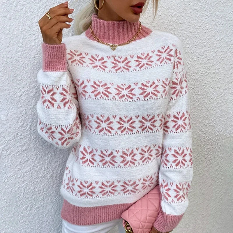 2025 Christmas Jumpers Women Mock Neck Full Sleeve Sweater Snowflake Jacquard Knitwear Warm Thick Pullover Top Xmas Party Look