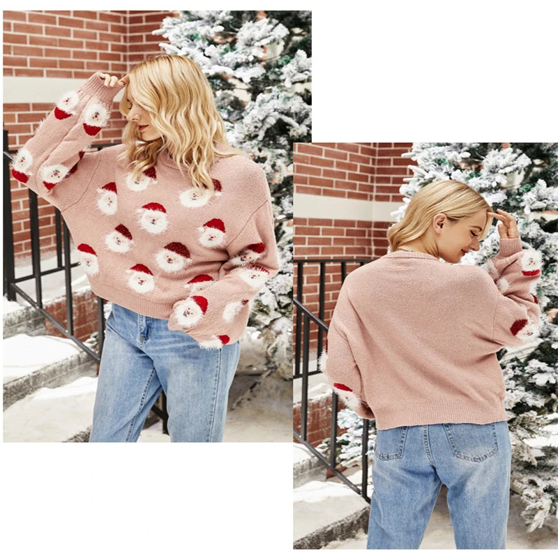 2024 Autumn and Winter New Christmas Outfit Old Man's Head Knitted Sweater European and American Women's Pullover Christmas
