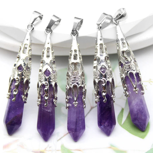16pcs Crystal Pendulum for Divination Dowsing Natural Gem Stone Amethyst Hexagon Pendant For DIY Jewelry Making Necklace Pendant
