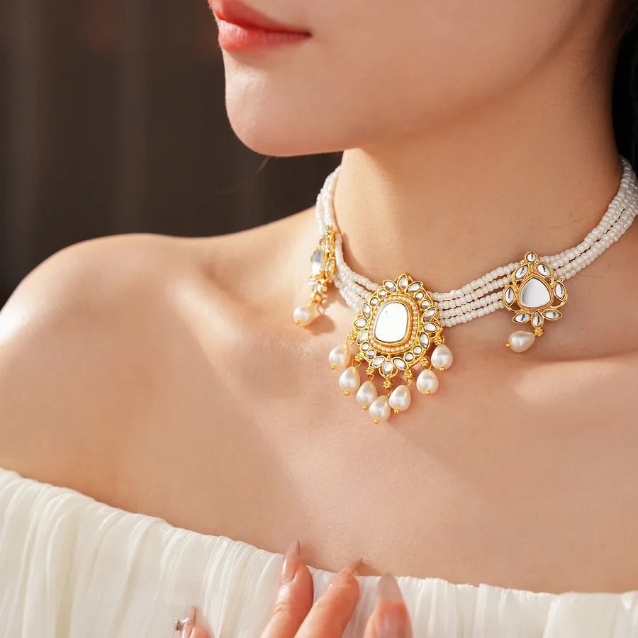 Vintage Light Luxury Wedding Jewelry Set for Women Water Drop Pearl Earrings Versatile High-end Retro Exaggerated Necklace