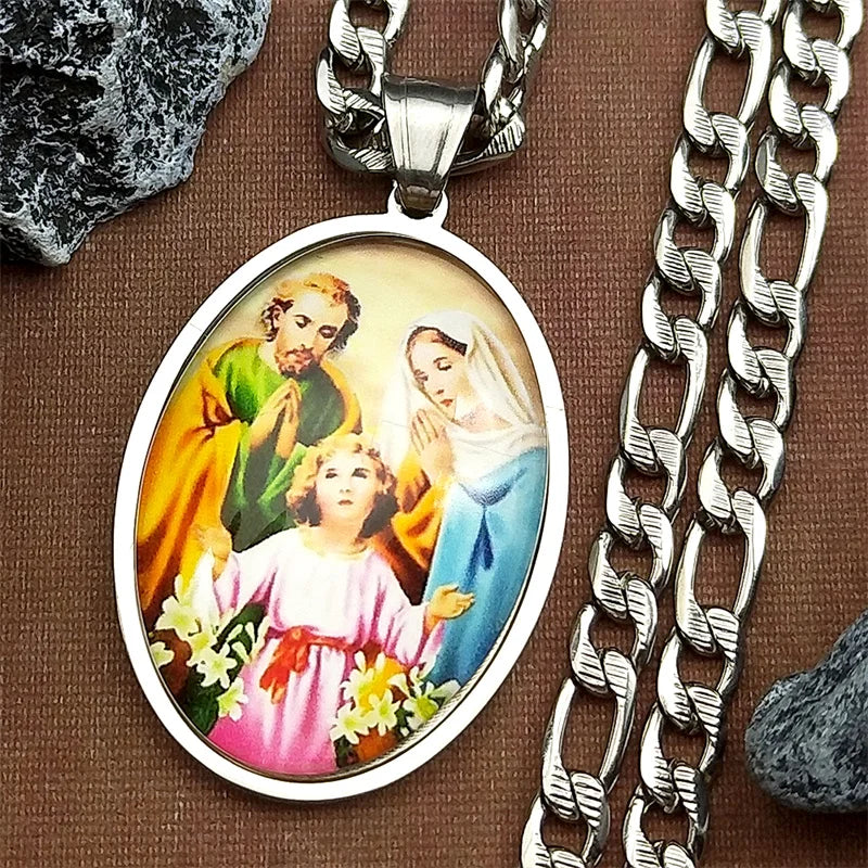 Virgin Mary Jesus Oval Medal Pendant Necklace for Women Men Stainless Steel Gold Color St. Joseph Amulet Hip Hop Chain Jewelry