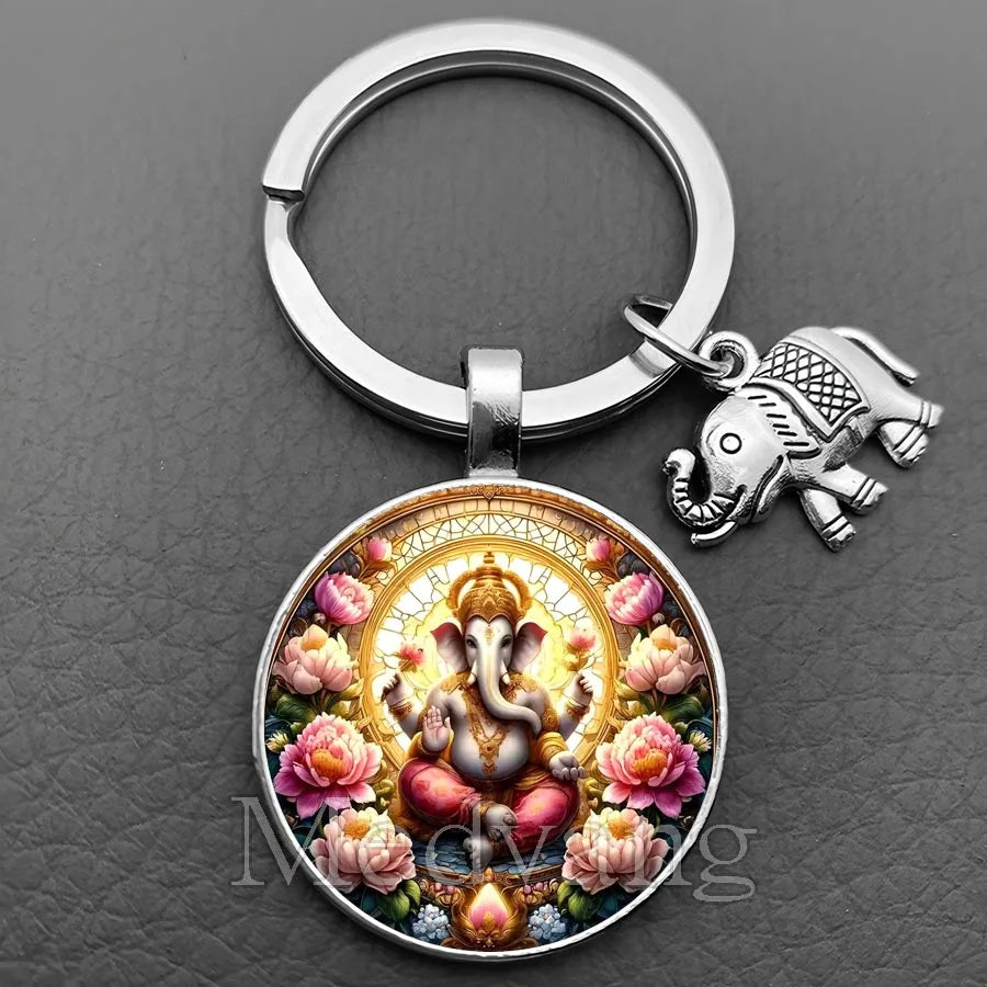 Sacred Elephant Ganesha Keychain Buddha keychain and key ring God Of Wealth Elephant glass key ring men and women bag decoration
