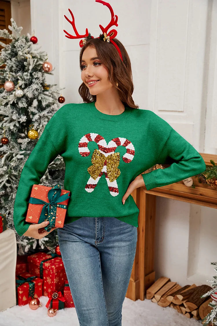 Sweater 2025 Autumn/Winter New Product Christmas Cane Bow Glitter Women's Fashion Round Neck Hooded Long Sleeve Knitted Sweater