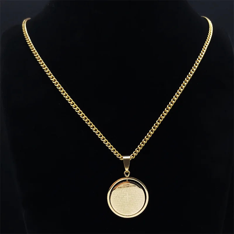 2024 New fashion Prayer Cross pendant necklace Stainless steel Spanish neutral style round pendant collar bone chain accessories