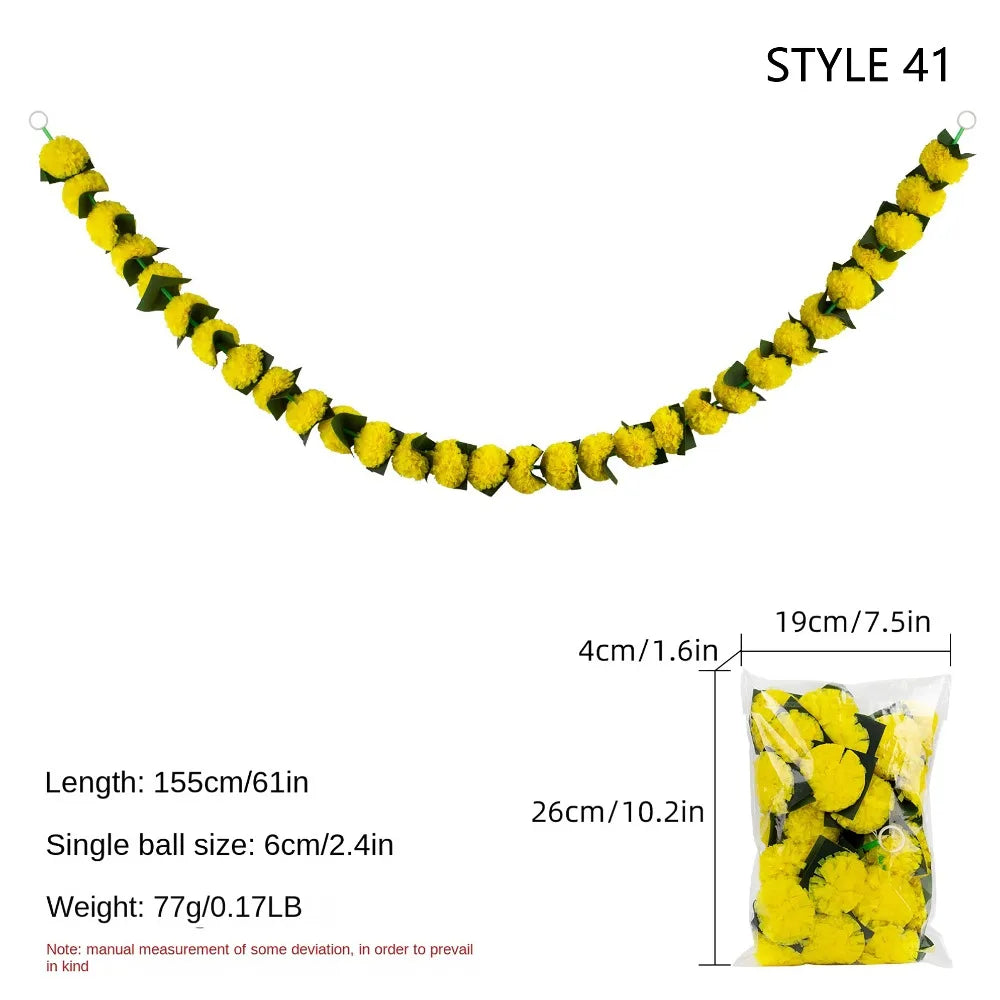140-160cm Marigold Garland Flower Artificial Festival Wreath Ornament Fake Plant Indian Style Home Party Decor