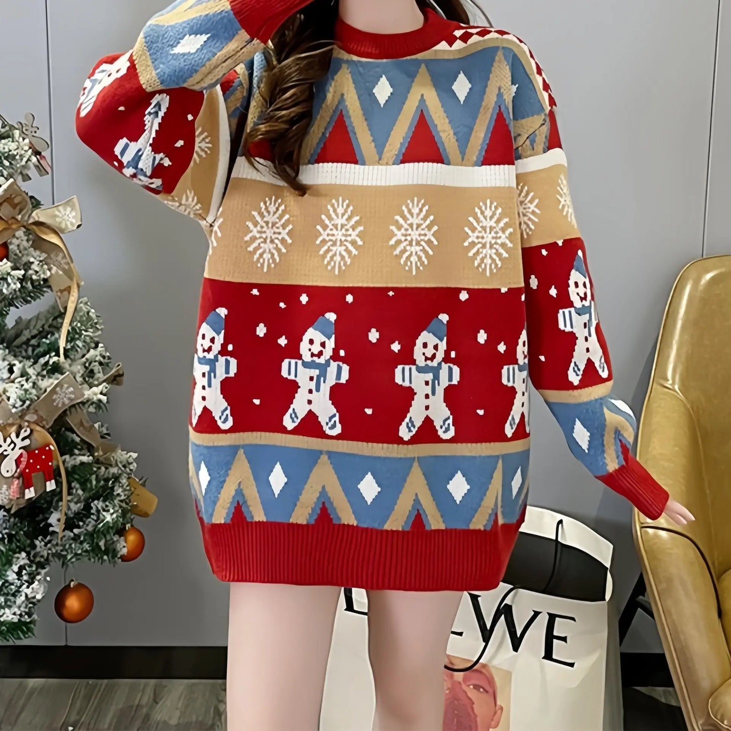 2025 Autumn Winter New Loose Oversized Sweater Women Christmas Snowflake Knitted Longline Thickened Pullover