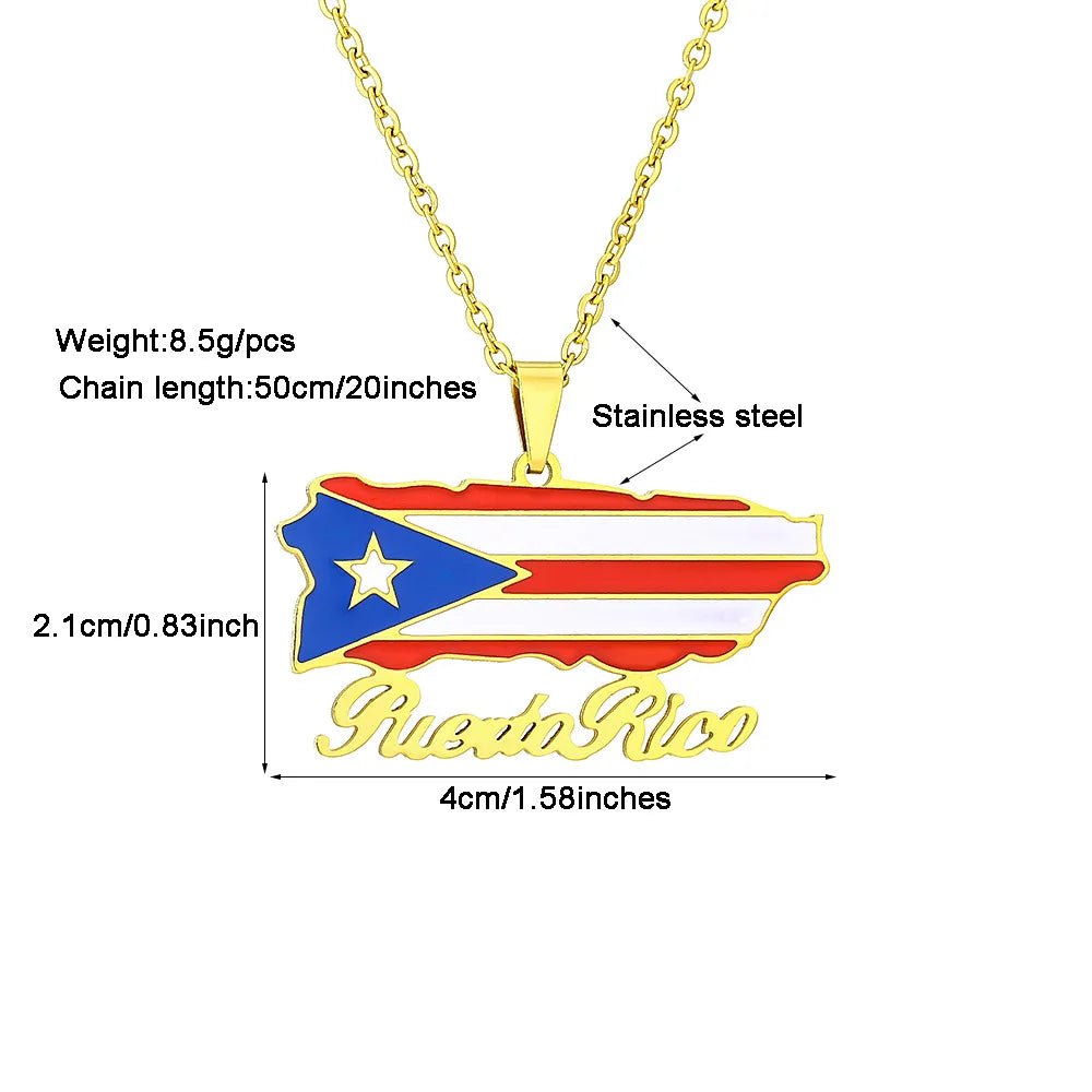 2024 New fashion vintage dripping stainless steel Puerto Rico map flag pendant necklace men's and women's collarbone chain acces