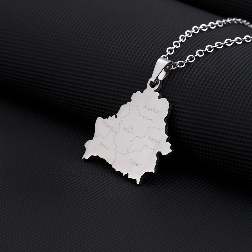 2024 New fashion stainless steel Belarusian map with city necklace for women and men couples ethnic style accessory collarbone c