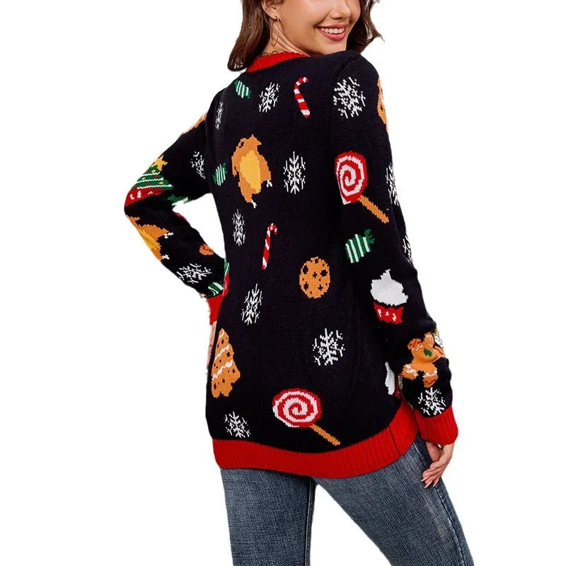 2025Women's Casual Loose Lazy Style Sweater Christmas Tree Color Block Jacquard Christmas Sweater Gift