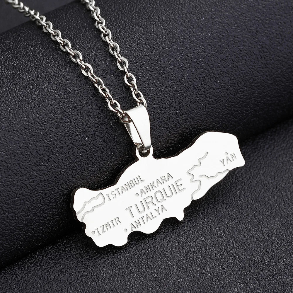 2024 New fashion stainless steel Turkish map necklace for women and men couples ethnic style accessory collarbone chain annivers
