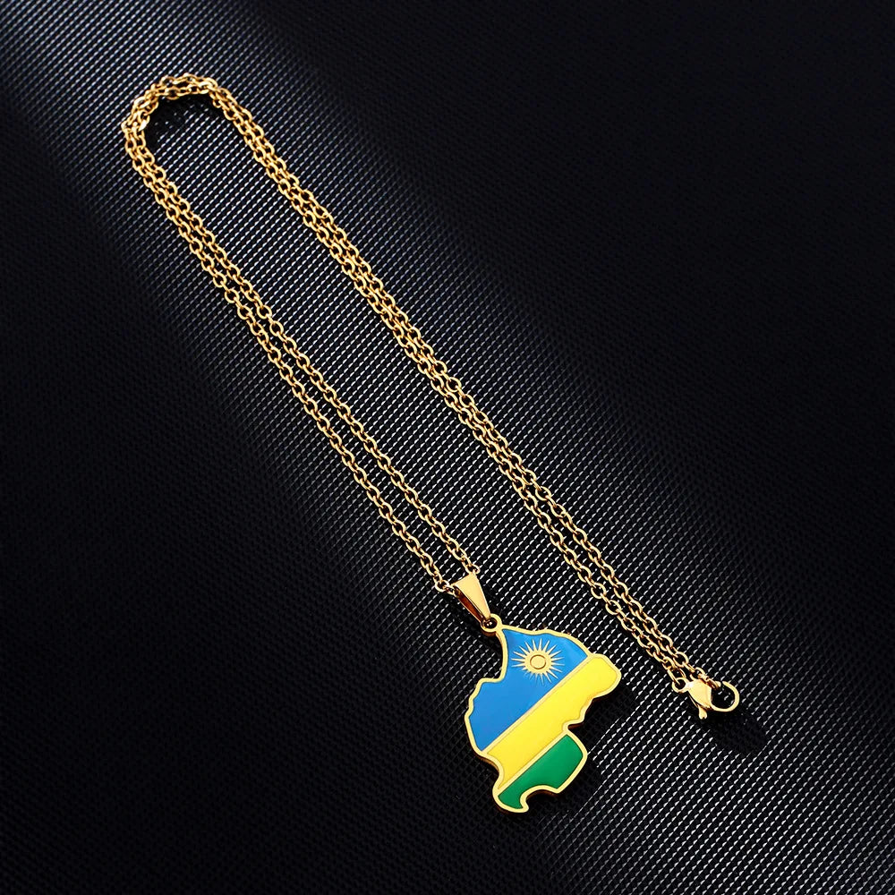 2024 New fashion stainless steel Rwanda map and flag necklace men's and women's geometric ethnic style collarbone chain Memorial
