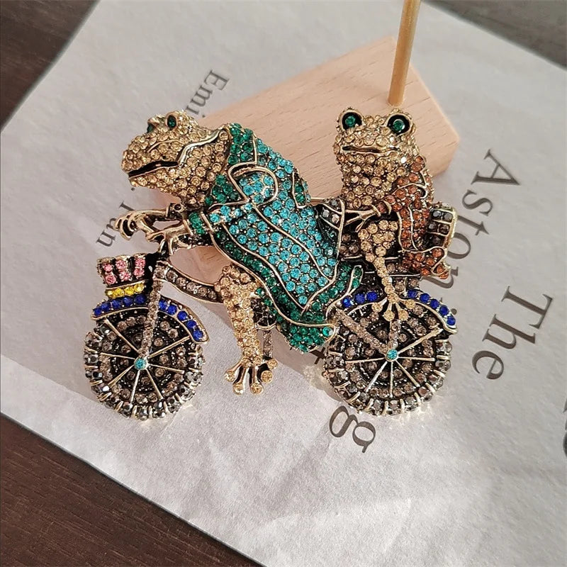vintage jewelry retro heavy diamond frog prince bicycle brooch women accessories pin