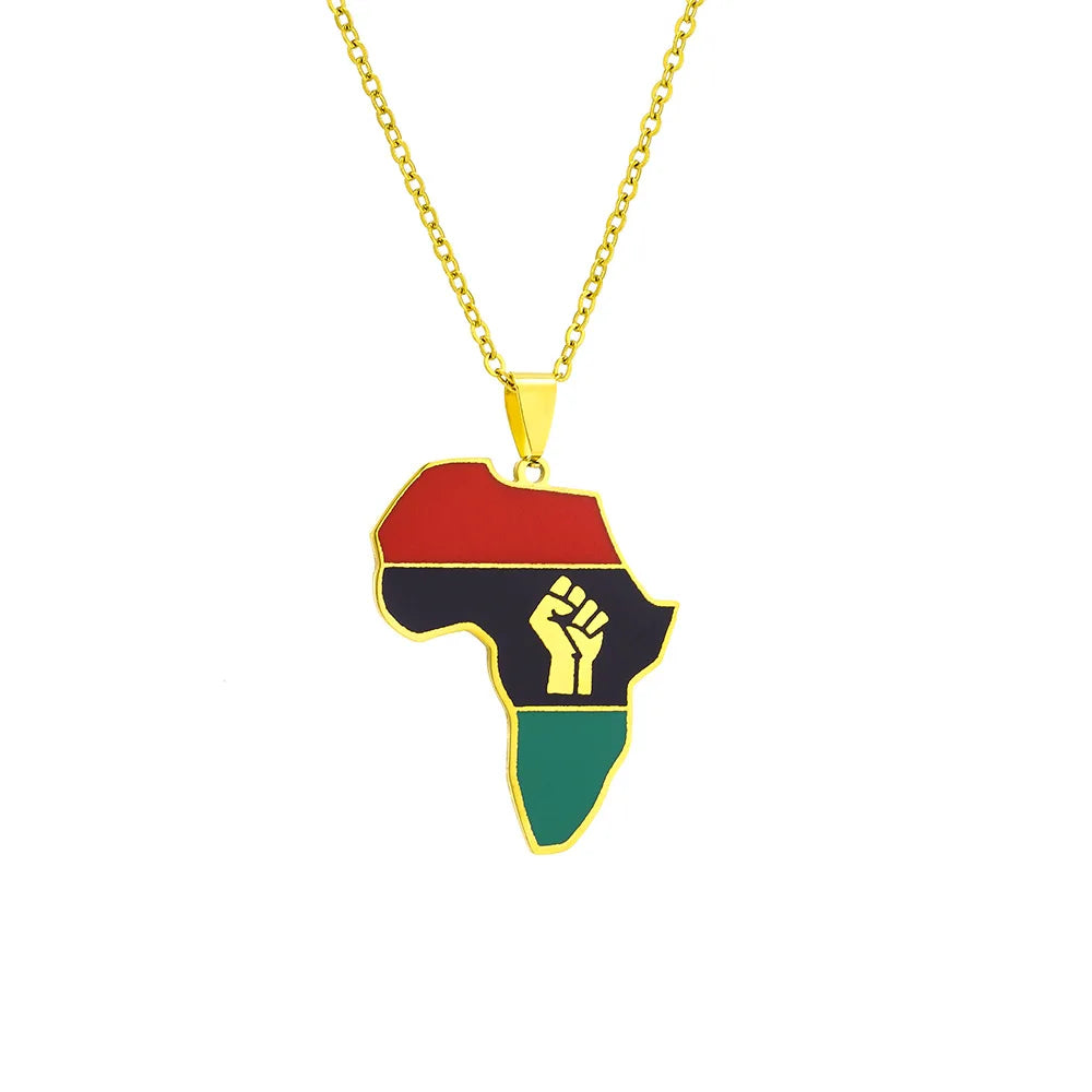 2024 new fashion stainless steel African fist map necklace for women and men couples ethnic style accessory collarbone chain ann