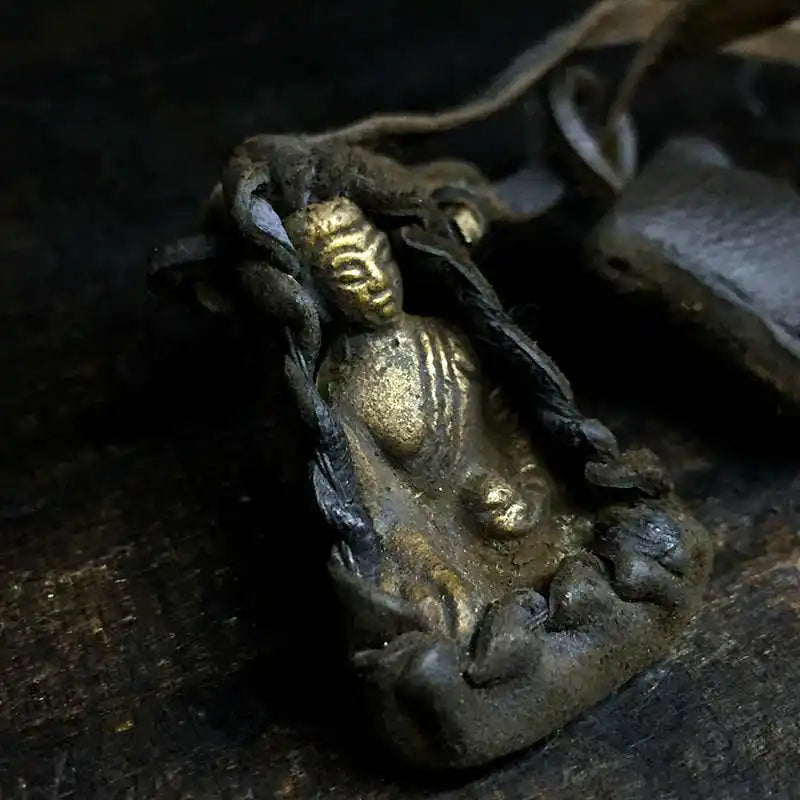 Tibetan Medicine BUDDHA Amulet Necklace Small Pocket Buddha with Cow Leather Rope TNL391