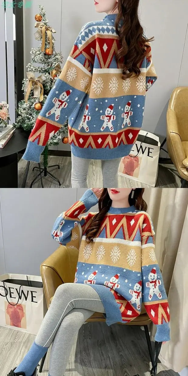 2025 Autumn Winter New Loose Oversized Sweater Women Christmas Snowflake Knitted Longline Thickened Pullover