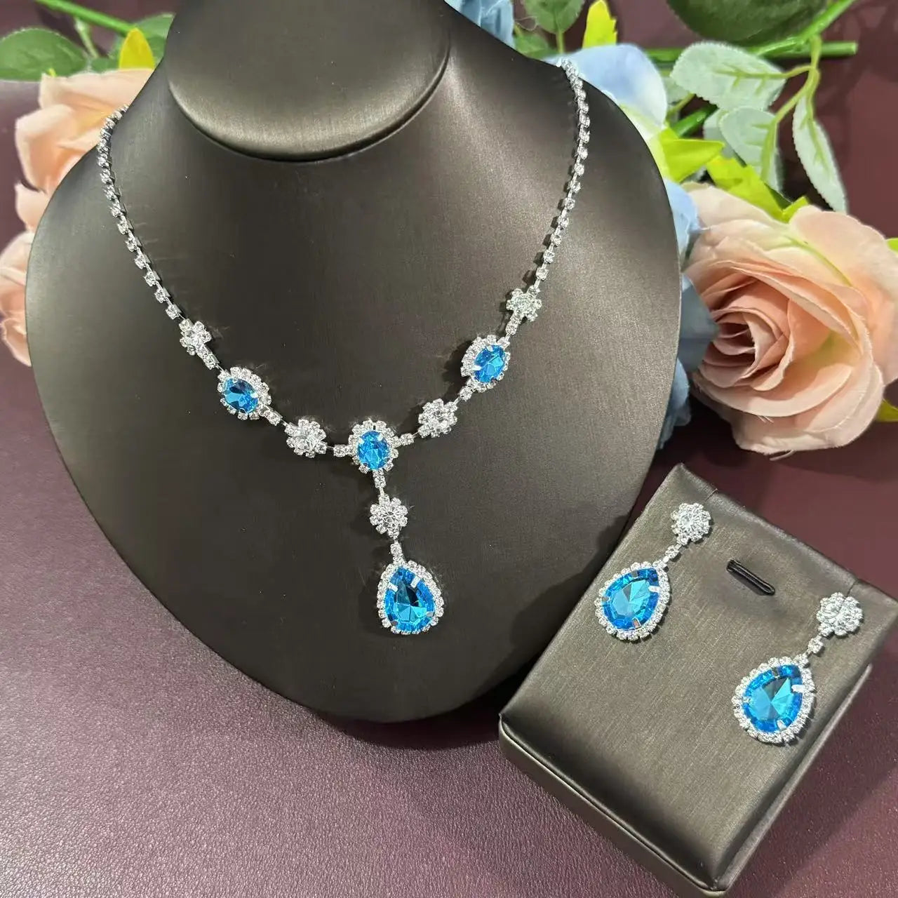 3-piece elegant light blue rhinestone necklace earring jewelry set suitable for women's wedding commemorative banquet jewelry