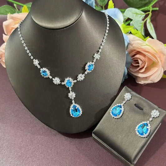 3-piece elegant light blue rhinestone necklace earring jewelry set suitable for women's wedding commemorative banquet jewelry