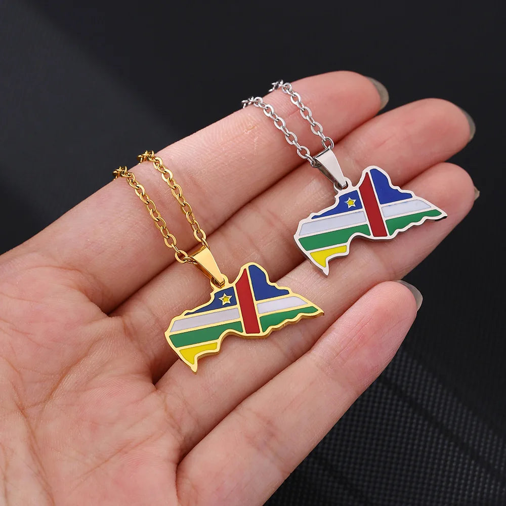2024 New fashion stainless steel Central African Republic map with flag necklace for women and men couples ethnic style accessor