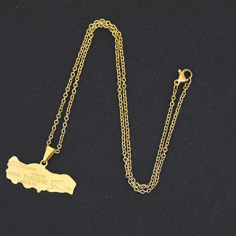 2024 New fashion stainless steel Turkish map necklace for women and men couples ethnic style accessory collarbone chain annivers