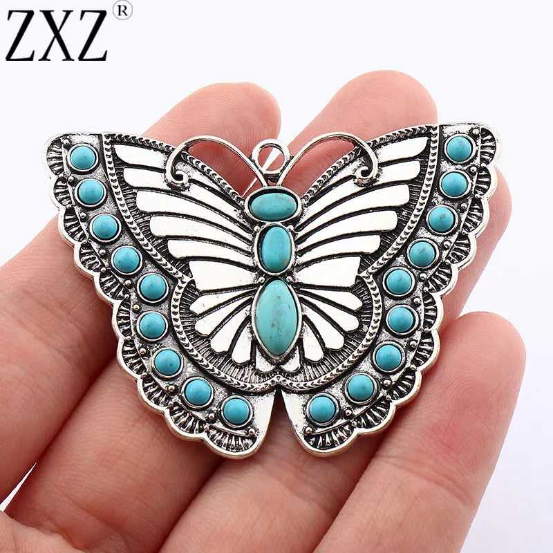 ZXZ 2pcs Tibetan Silver Large Imitation Turquoise Stone Butterfly Insect Charms Pendants For Necklace Jewelry Making Findings