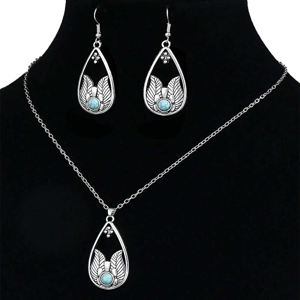 Vintage Blue European American Necklace Earrings Jewelry Sets  Crystal Jewellery Sets For Women stone Necklaces & Pendants gift