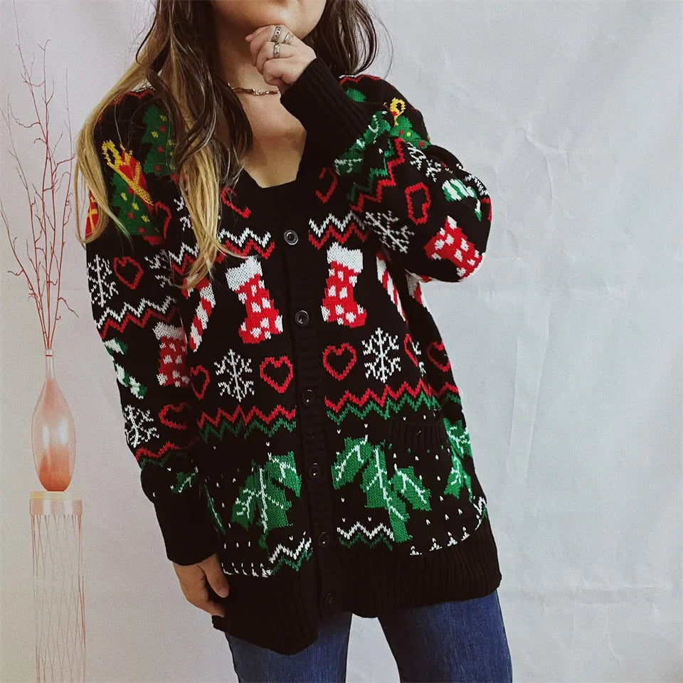 2023 Cross-border Amazon Autumn/winter New Single-breasted V-neck Christmas Theme Knit Sweater Cardigan New Year