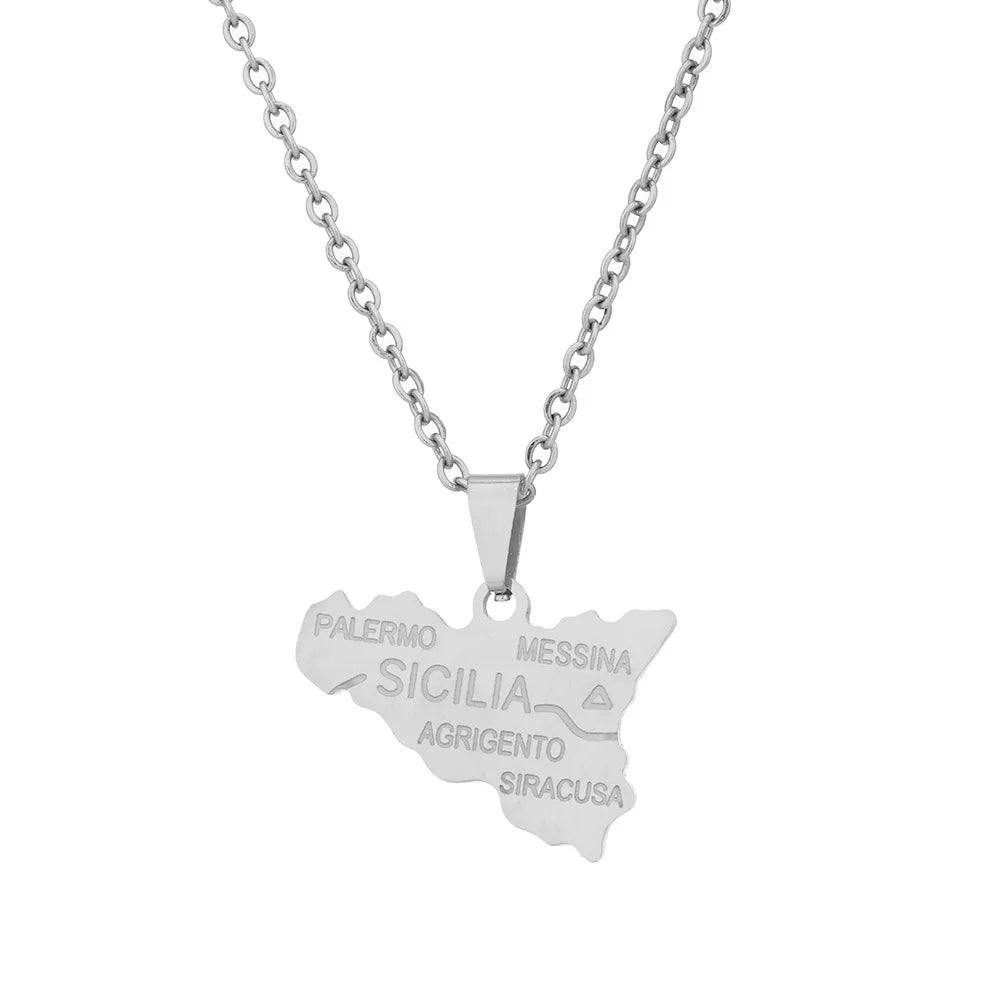 2024 new fashion stainless steel Sicily map pendant necklace temperament everything collarbone chain birthday anniversary small