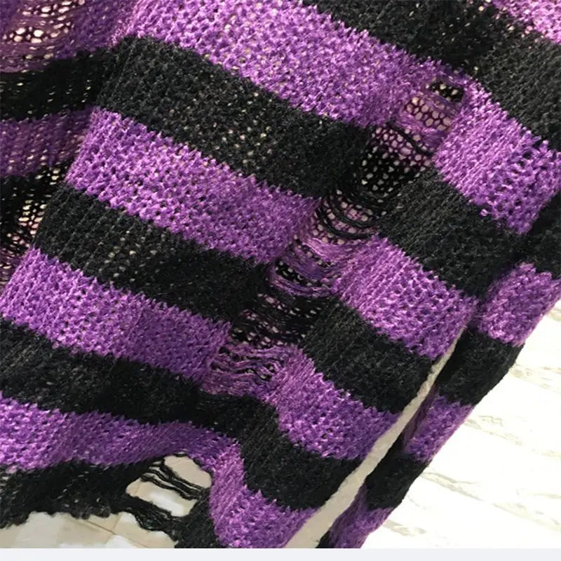 2024 Purple Striped Gothic Sweaters Women Ripped Holes Loose Knitted Pullover Frayed Fairy Grunge Jumpers Emo Streetwear Lolita