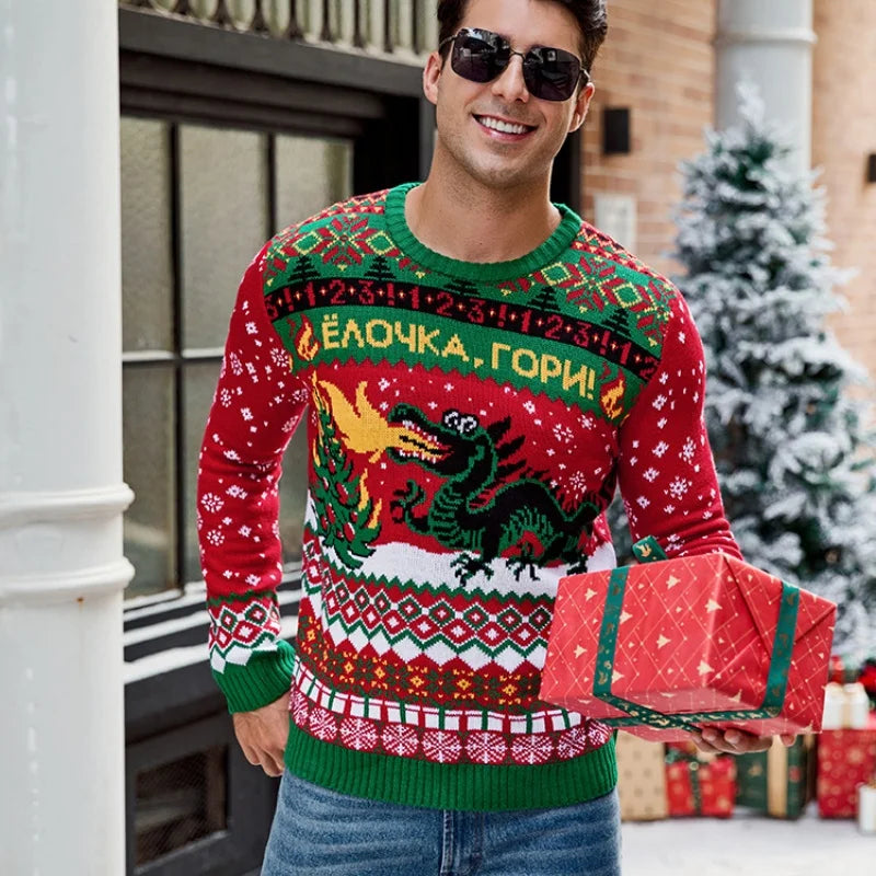 2025 Winter Christmas Men's Knitted Sweater Cartoon Print Full Sleeve O Neck Warm Soft Knitwear Adults Jumper Xmas Look Pullover