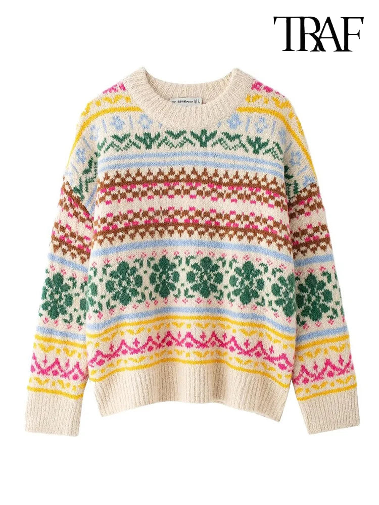 TRAF Women's Fashion 2024 Autumn and Winter Casual Loose Long Sleeve Round Neck Color-Collision Jacquard Knit Christmas Sweater