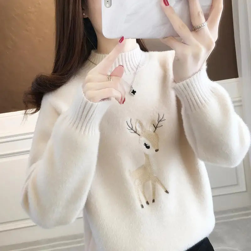 2023 Christmas Sweater Women Faux Mink Cashmere Half High Collar Pullover Fleece Winter Clothes Embroidery Deer Warm Jumper