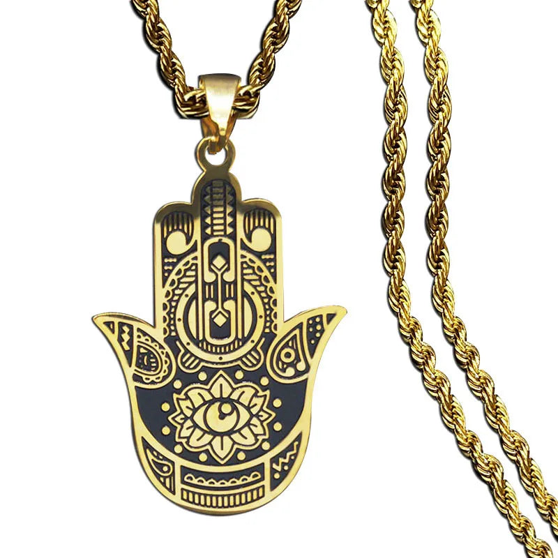 2024 New fashion ancient Fatima Hands Yoga pendant necklace temperament everything with stainless steel collarbone chain for men