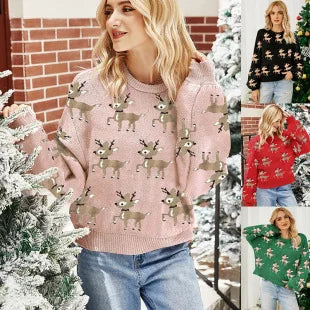 2025Women's Casual Loose Lazy Style Sweater Christmas Tree Color Block Jacquard Christmas Sweater Gift