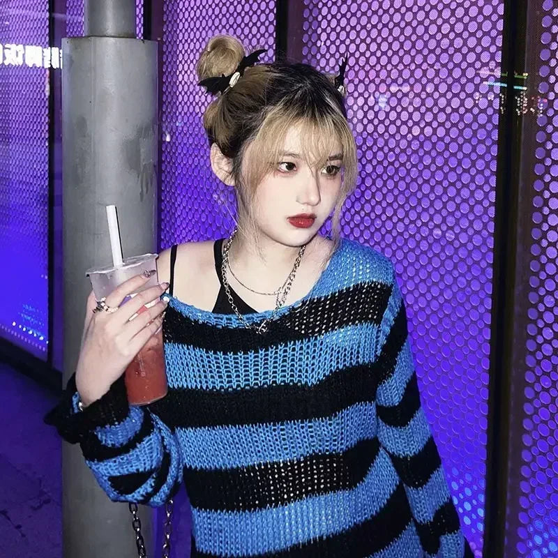 2024 Purple Striped Gothic Sweaters Women Ripped Holes Loose Knitted Pullover Frayed Fairy Grunge Jumpers Emo Streetwear Lolita