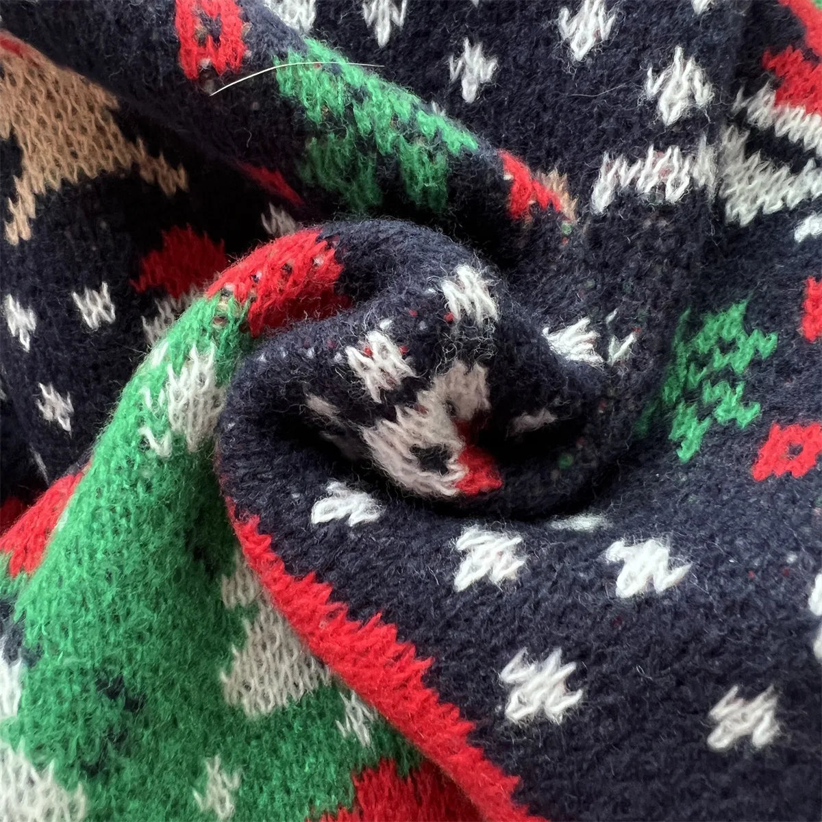 Sueter Mujer 2024 Korean Casual Christmas Sweater Women O Neck Spliced Jacquard Long Sleeves Knitwear Warm Pullover X686