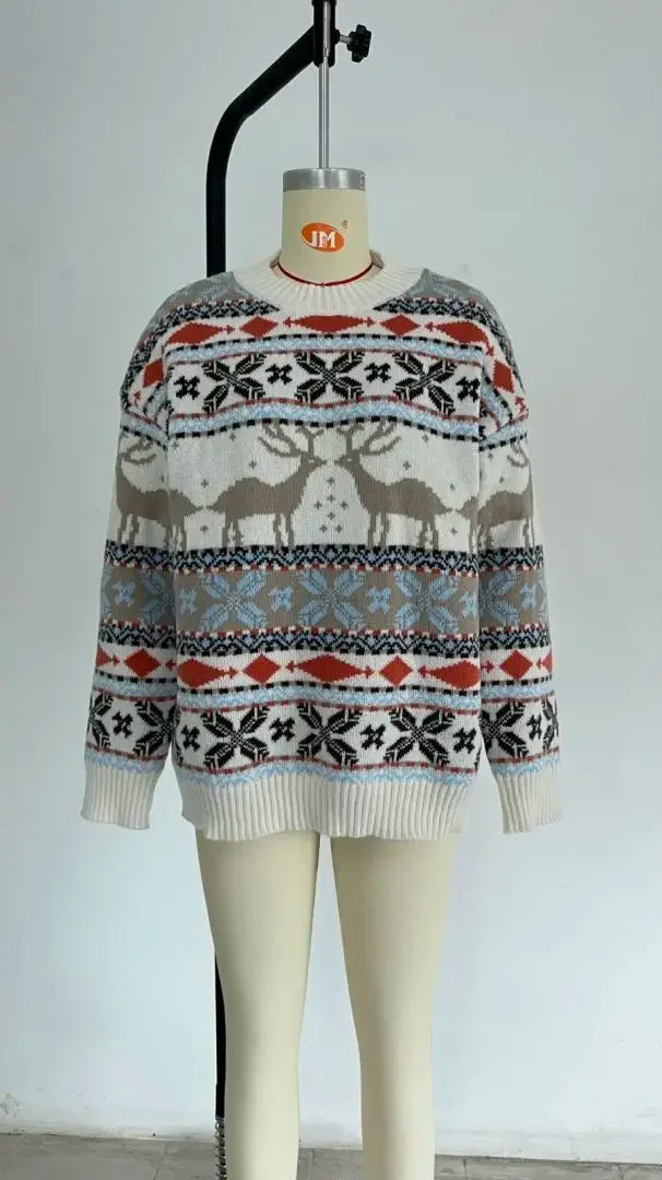 Y2k Style 2025 Winter Women Christmas Sweaters Allover Print Oversized Jumpers Full Sleeve Knitwear Warm Thick Knit Pullover Top