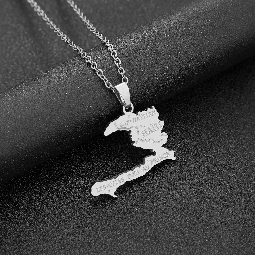 2024 New fashion stainless steel Haiti map pendant necklace for men and women geometric titanium steel pendant ethnic style clav