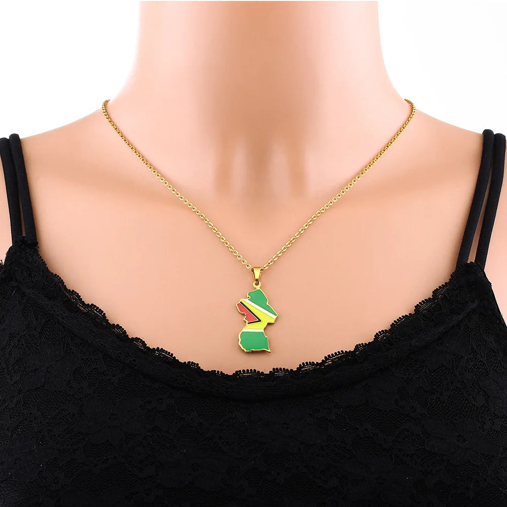 2024 new fashion stainless steel French Guiana map flag pendant necklace temperament everything collarbone chain birthday annive