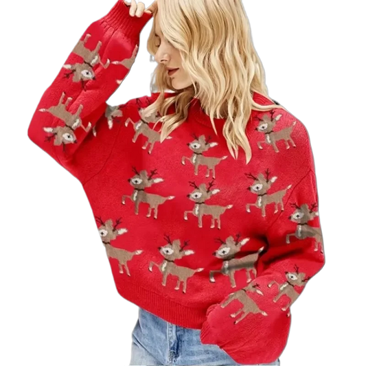 Women Deer Jacquard Red Christmas Sweater Knitteds Autumn Winter Ladies Casual Loose Cute Long Sleeve Pullover Knitted Sweaters