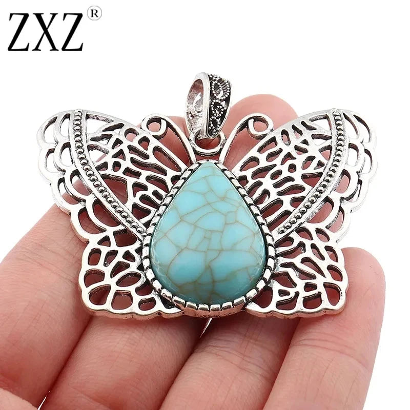 ZXZ 2pcs Tibetan Silver Large Imitation Turquoise Stone Butterfly Insect Charms Pendants For Necklace Jewelry Making Findings