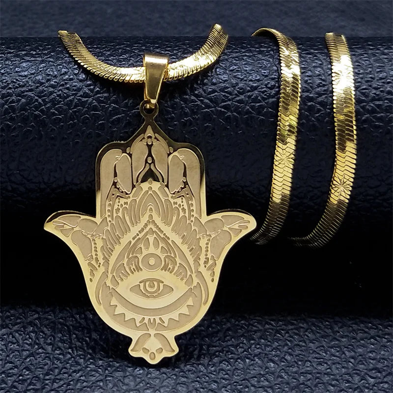 Hamsa Hand Stainless Steel Necklace Gold Color Amulet Hand of Fatima Necklaces Islamic Religious Arabic Jewelry mano de fatima