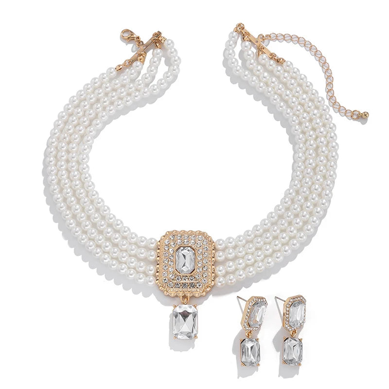 1Set Luxury Multilayer Imitation Pearl Necklace Earrings For Women Girls Temperament Jewelry Bridal Rhinestone Wedding Jewelry