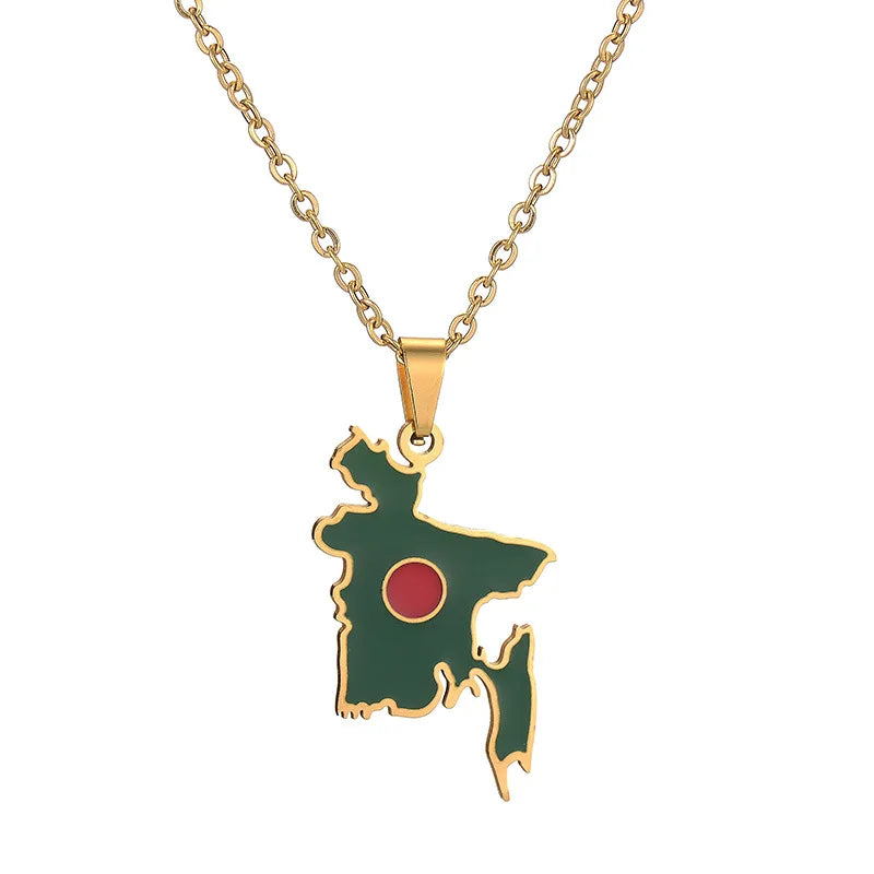 2024 new fashion stainless steel vintage dripping oil Bangladesh map pendant necklace temperament everything collarbone chain bi